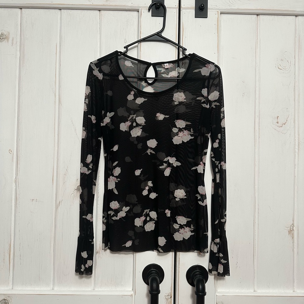 Super Cute Sheer Black Shirt with Floral Design